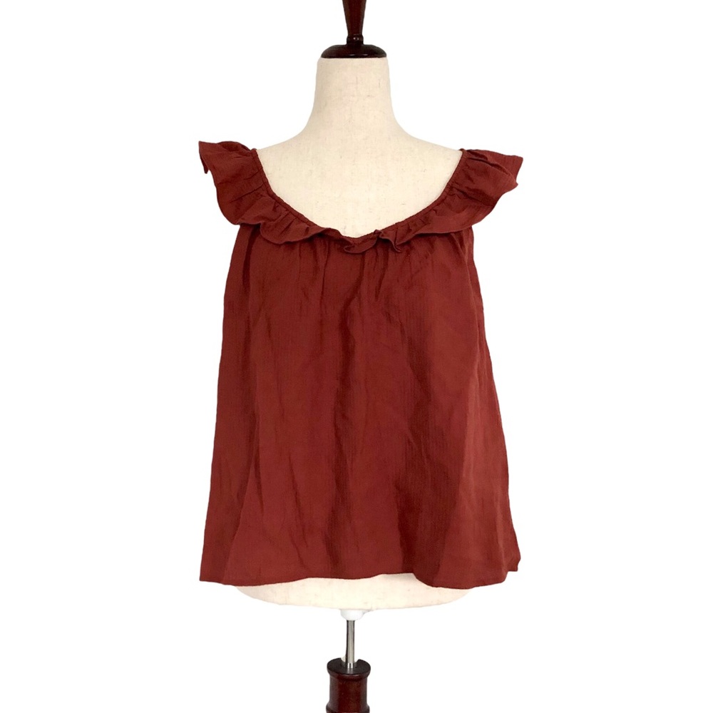 Loft Women’s V-Neck Ruffle Shoulder Cropped Cotton Tank Top, Rust Size Small